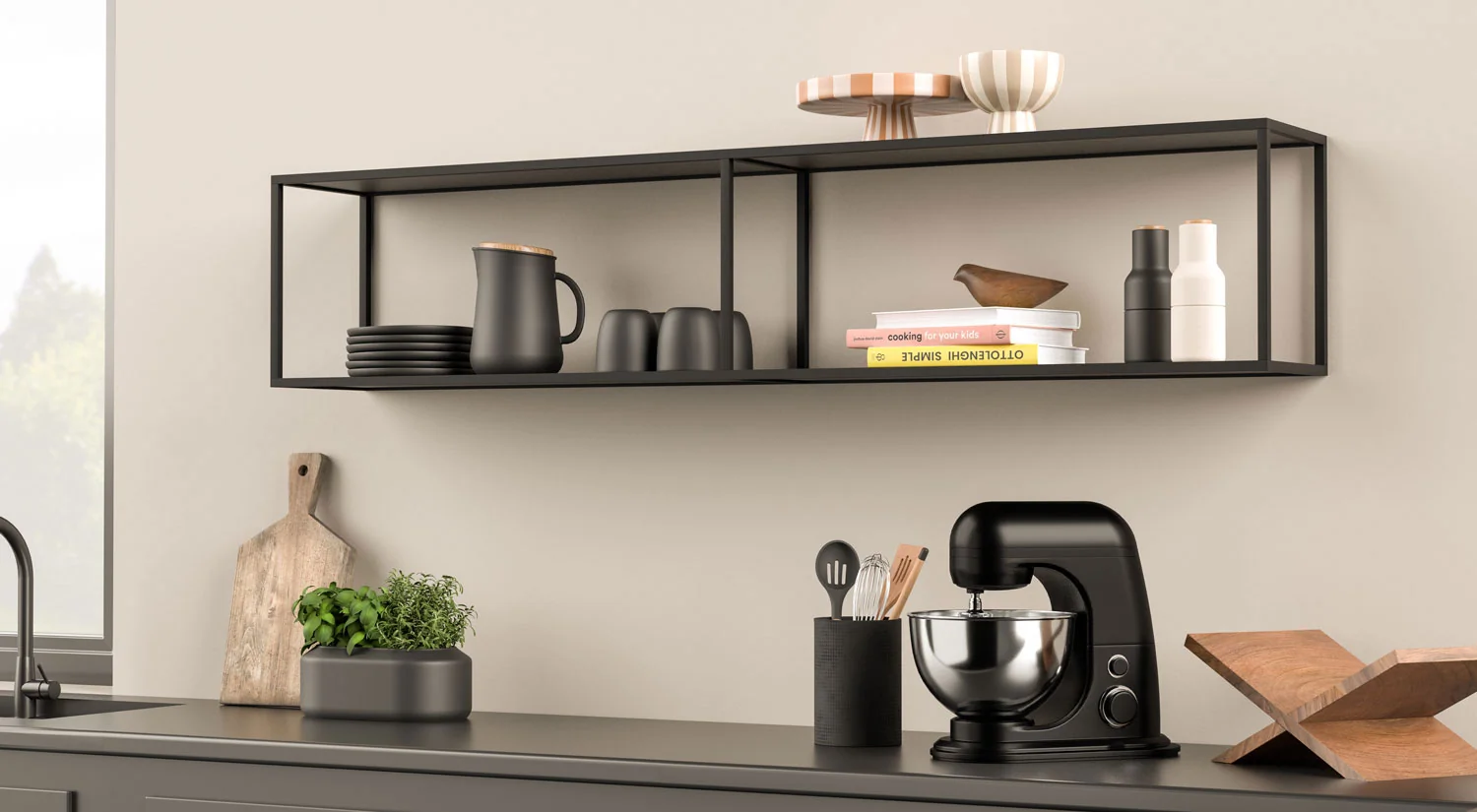Black Shelving Unit - LIUM industrial black wall mounted shelf in the kitchen