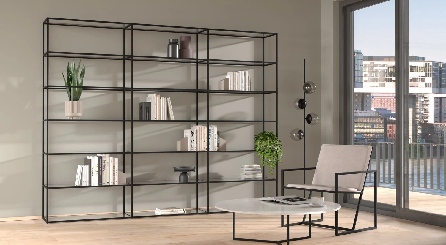 Metal Shelving Unit - LIUM with glass boards in the living room