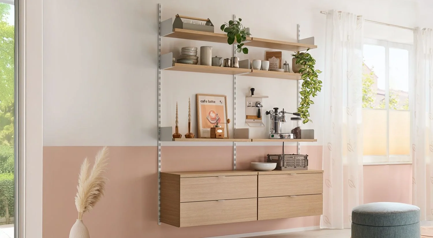 Office Shelving ON-WALL - Shelving system oak white in the living room