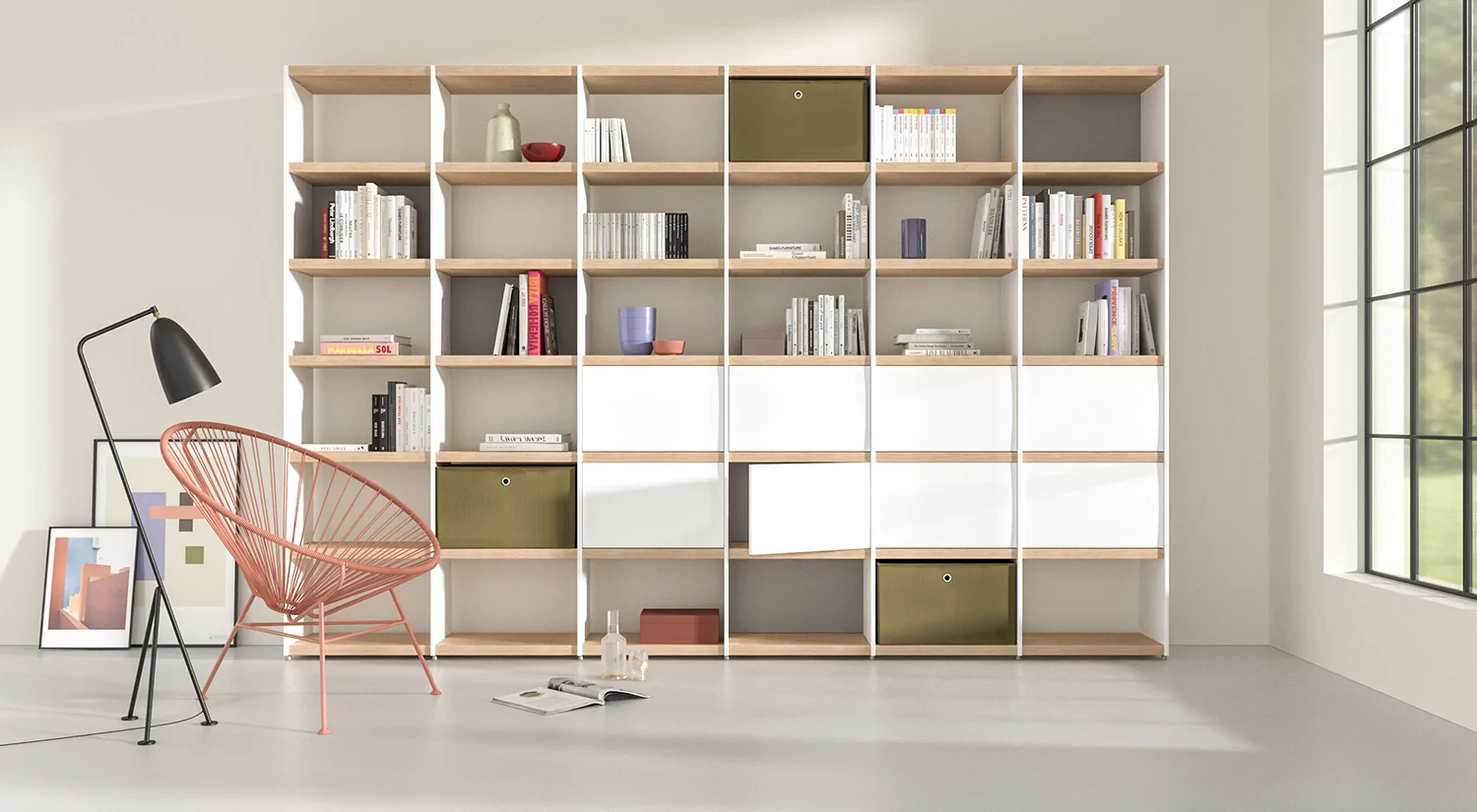 Wooden Shelving Unit - YOMO white/oak in the living room