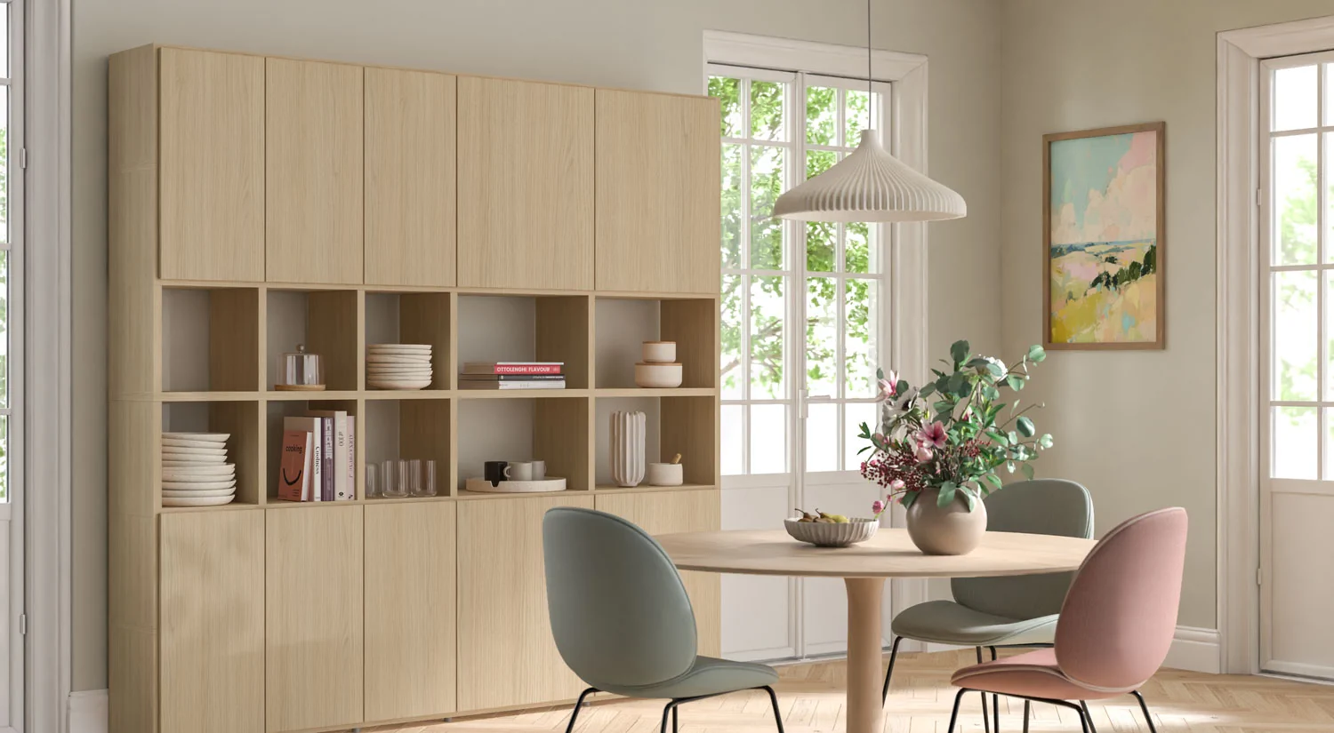 Étagère cube BOON - Cube de rangement en chêne avec portes dans la salle à manger