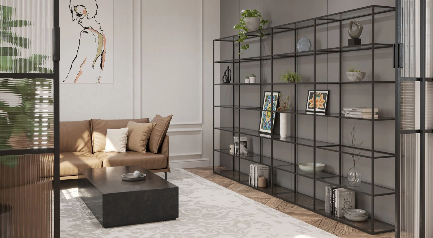 Design Regal LIUM - Elegantes Bücherregal industrial mit Glasböden im Wohnzimmer