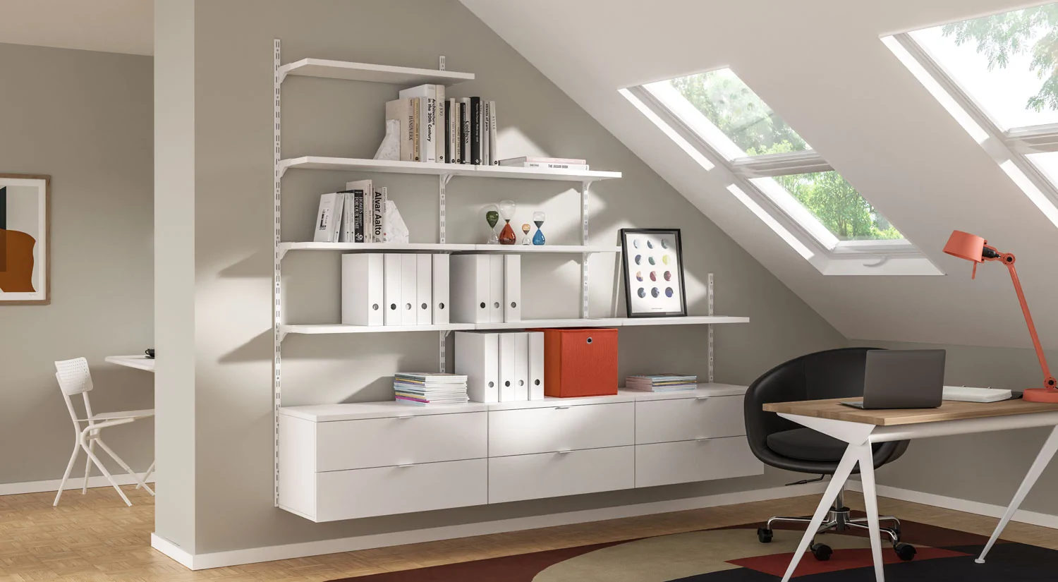Wandschienen Regal ON-WALL - im Arbeitszimmer unter der Dachschräge