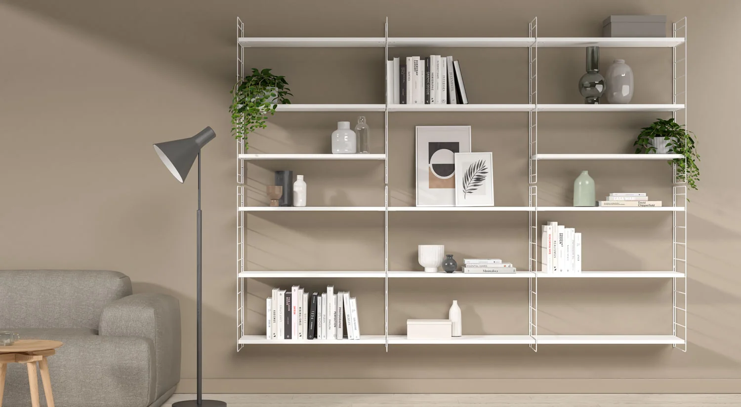 Hängeregalsystem STEP - Wandleiter Regalsystem weiß im Wohnzimmer